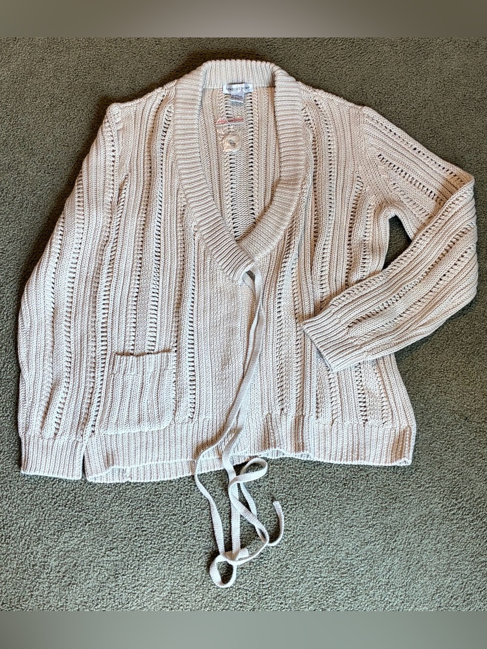 Newport News Cream Open-Knit Shawl Collar Cardigan with Tie Lg Sweater Pocket